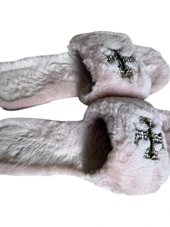 Tory Burch Pink Fur Slide Sandals with Crystal Logo - Picture 4 of 5